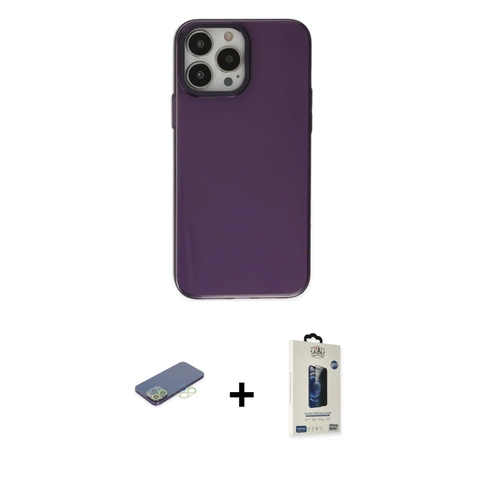 MARSİLYAN™- iPhone 13 Pro Max Kılıf Zirve Doku Koleksiyonu - Siyah Bilvis Hayalet Cam Ekran Koruyucu + Renkli Kamera Lens Koruma Cam - YL
