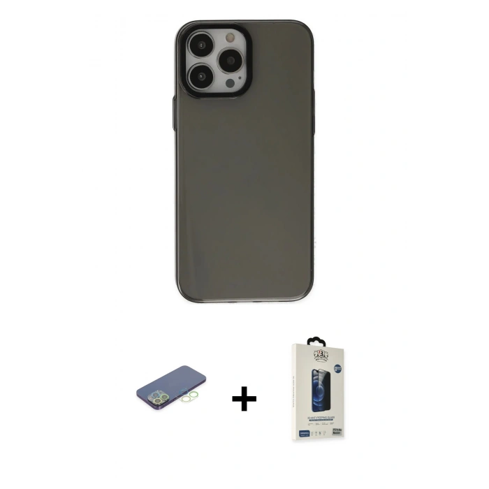 MARSİLYAN™- iPhone 13 Pro Max Kılıf Zirve Doku Koleksiyonu - Siyah Bilvis Hayalet Cam Ekran Koruyucu + Renkli Kamera Lens Koruma Cam - YL