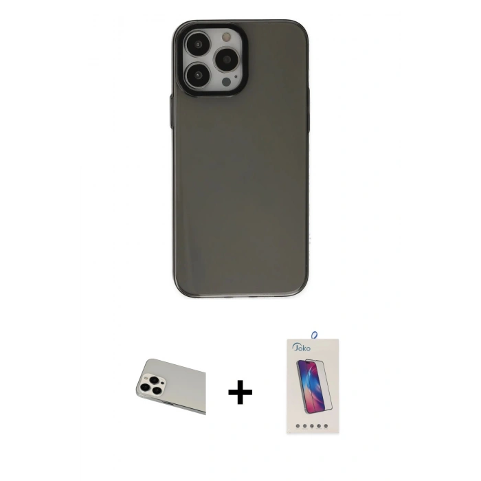 MARSİLYAN™- iPhone 13 Pro Max Kılıf Zirve Doku Koleksiyonu - Siyah Joko 5D Cam + Rainbow Kamera Lens Koruma Cam - BZ