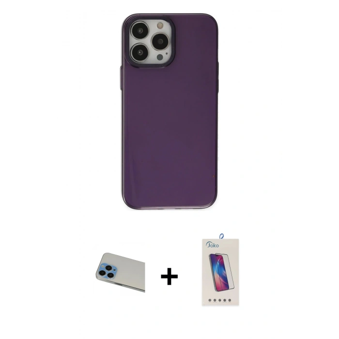 MARSİLYAN™- iPhone 13 Pro Max Kılıf Zirve Doku Koleksiyonu - Siyah Joko 5D Cam + Rainbow Kamera Lens Koruma Cam - MI