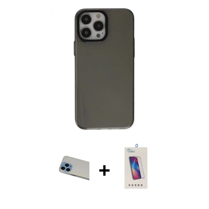 MARSİLYAN™- iPhone 13 Pro Max Kılıf Zirve Doku Koleksiyonu - Siyah Joko 5D Cam + Rainbow Kamera Lens Koruma Cam - MI