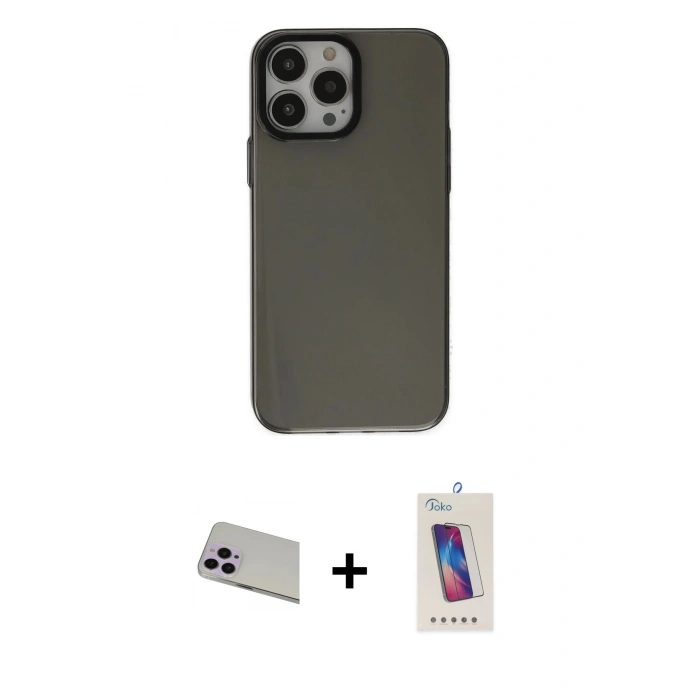 MARSİLYAN™- iPhone 13 Pro Max Kılıf Zirve Doku Koleksiyonu - Siyah Joko 5D Cam + Rainbow Kamera Lens Koruma Cam - MR