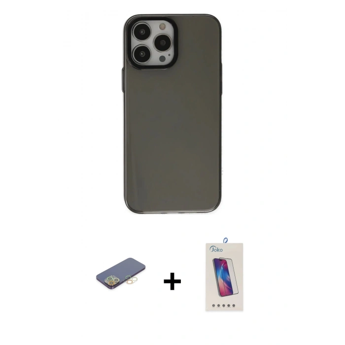 MARSİLYAN™- iPhone 13 Pro Max Kılıf Zirve Doku Koleksiyonu - Siyah Joko 5D Cam + Renkli Kamera Lens Koruma Cam - SI