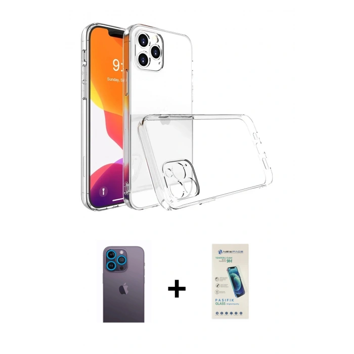 MARSİLYAN™- iPhone 13 Pro Max Kılıf Zirve Doku - Şeffaf Pasifik Cam Ekran Koruyucu + Neon Fosforlu Kamera Lens - MI