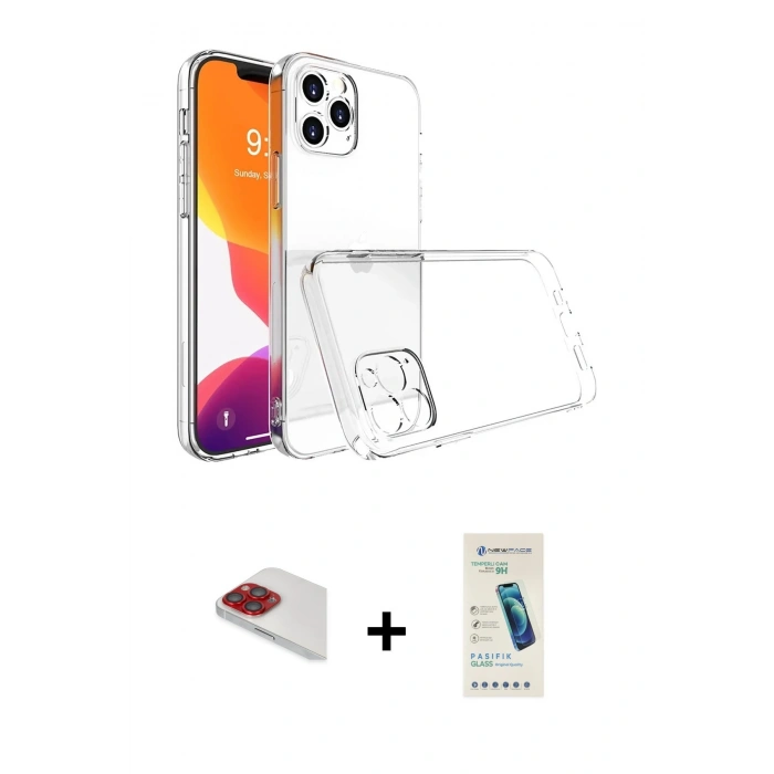 MARSİLYAN™- iPhone 13 Pro Max Kılıf Zirve Doku - Şeffaf Pasifik Cam Ekran Koruyucu + Pers Alüminyum Kamera Lens - KI