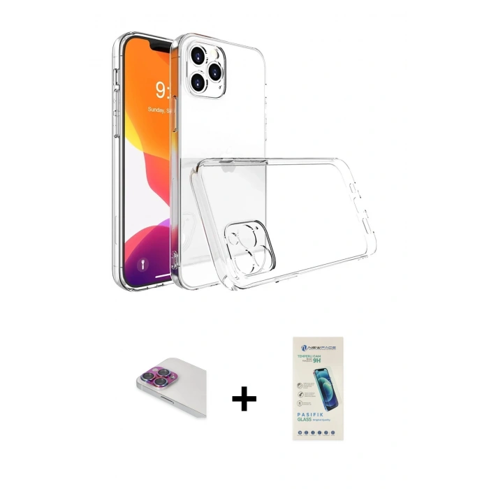 MARSİLYAN™- iPhone 13 Pro Max Kılıf Zirve Doku - Şeffaf Pasifik Cam Ekran Koruyucu + Pers Alüminyum Kamera Lens - GI