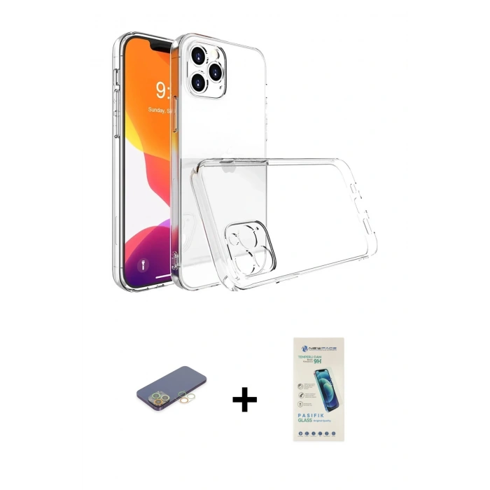 MARSİLYAN™- iPhone 13 Pro Max Kılıf Zirve Doku - Şeffaf Pasifik Cam Ekran Koruyucu + Sarı Renkli Kamera Lens Koruma Cam