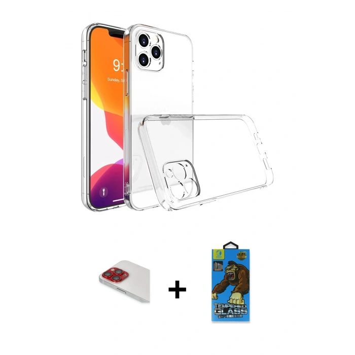 MARSİLYAN™- iPhone 13 Pro Max Kılıf Zirve Doku - Siyah 18D Cam Ekran Koruyucu + Pers Alüminyum Kamera Lens - KI