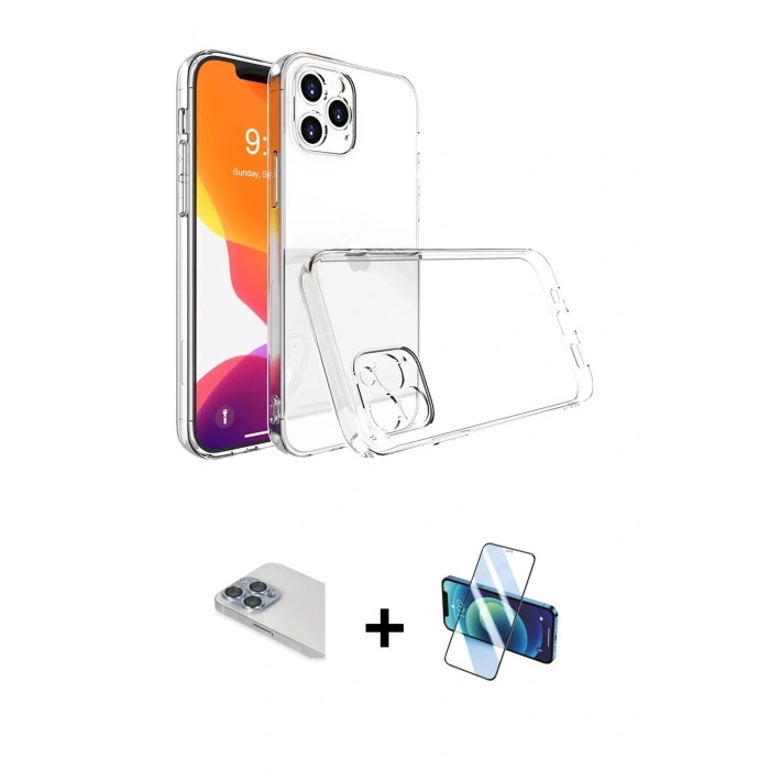 MARSİLYAN™- iPhone 13 Pro Max Kılıf Zirve Doku - Siyah 3D Antistatik Cam Ekran Koruyucu + Pers Alüminyum Kamera Lens - SABE
