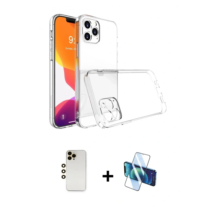 MARSİLYAN™- iPhone 13 Pro Max Kılıf Zirve Doku - Siyah 3D Antistatik Cam Ekran Koruyucu + Shine Kamera Lens - GD
