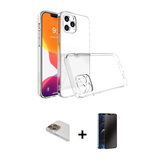 MARSİLYAN™- iPhone 13 Pro Max Kılıf Zirve Doku - Siyah 3D Antistatik Hayalet Cam Ekran Koruyucu + Pers Alüminyum Kamera Lens - GD