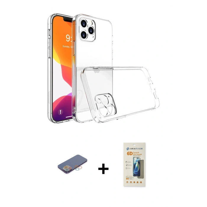 MARSİLYAN™- iPhone 13 Pro Max Kılıf Zirve Doku - Siyah 6D Mat Seramik Hayalet Nano Ekran Koruyucu + Renkli Kamera Lens Koruma Cam - PE