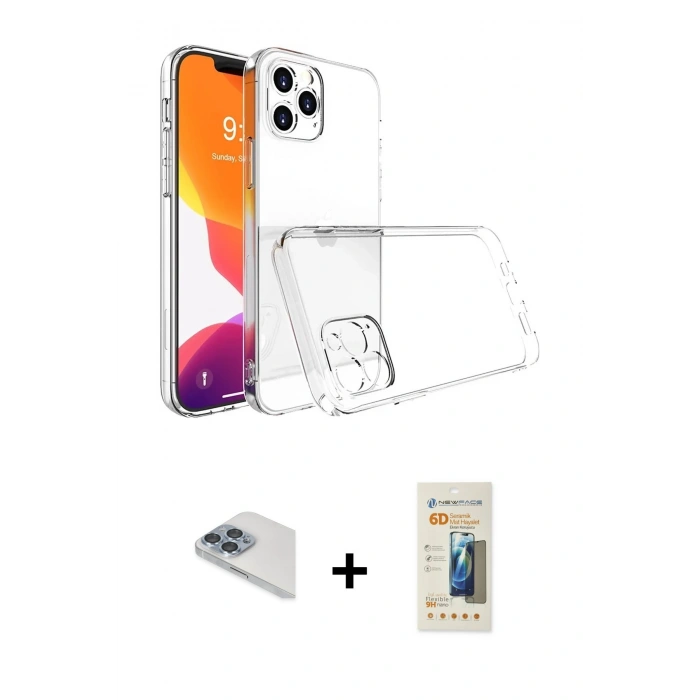 MARSİLYAN™- iPhone 13 Pro Max Kılıf Zirve Doku - Siyah 6D Mat Seramik Hayalet Nano Ekran Koruyucu + Pers Alüminyum Kamera Lens - SABE
