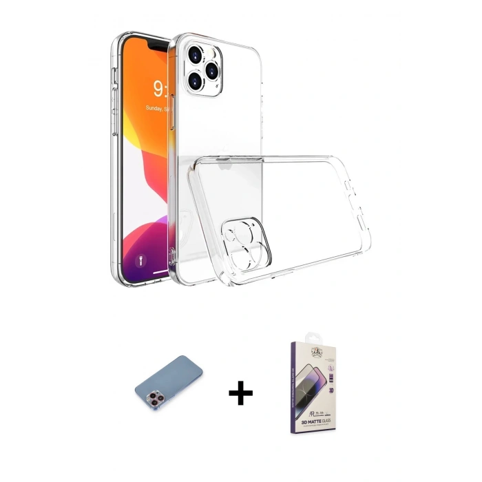 MARSİLYAN™- iPhone 13 Pro Max Kılıf Zirve Doku - Siyah Bilvis 3D Mat Cam Ekran Koruyucu + Shine Kamera Lens Koruma Cam - PE