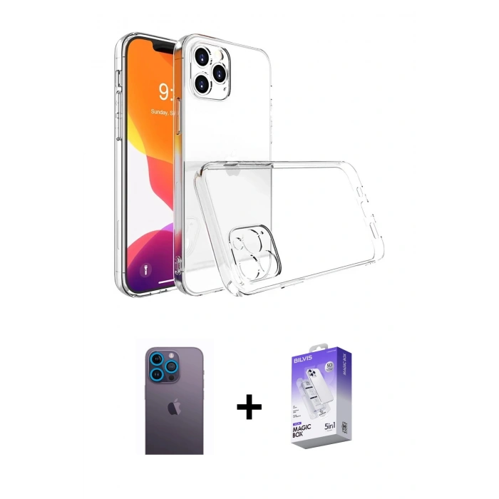 MARSİLYAN™- iPhone 13 Pro Max Kılıf Zirve Doku - Siyah Bilvis 5in1 3D Magic Cam Ekran Koruyucu + Mavi Neon Fosforlu Kamera Lens