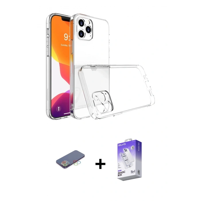 MARSİLYAN™- iPhone 13 Pro Max Kılıf Zirve Doku - Siyah Bilvis 5in1 3D Magic Cam Ekran Koruyucu + Renkli Kamera Lens Koruma Cam - MI