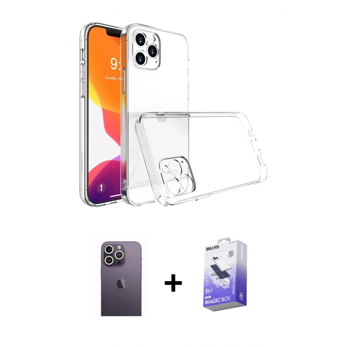 MARSİLYAN™- iPhone 13 Pro Max Kılıf Zirve Doku - Siyah Bilvis 5in1 5D Magic Hayalet Cam Ekran Koruyucu + Neon Fosforlu Kamera Lens - BZ