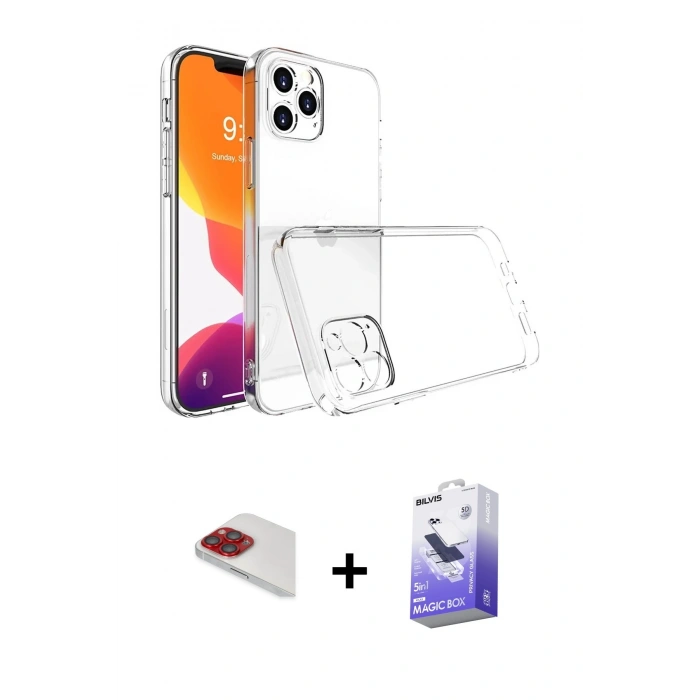 MARSİLYAN™- iPhone 13 Pro Max Kılıf Zirve Doku - Siyah Bilvis 5in1 5D Magic Hayalet Cam Ekran Koruyucu + Pers Alüminyum Kamera Lens - KI