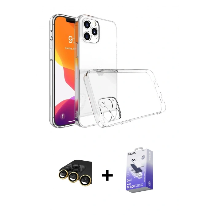 MARSİLYAN™- iPhone 13 Pro Max Kılıf Zirve Doku - Siyah Bilvis 5in1 5D Magic Hayalet Cam Ekran Koruyucu + Raze Metal Kamera Lens - GD