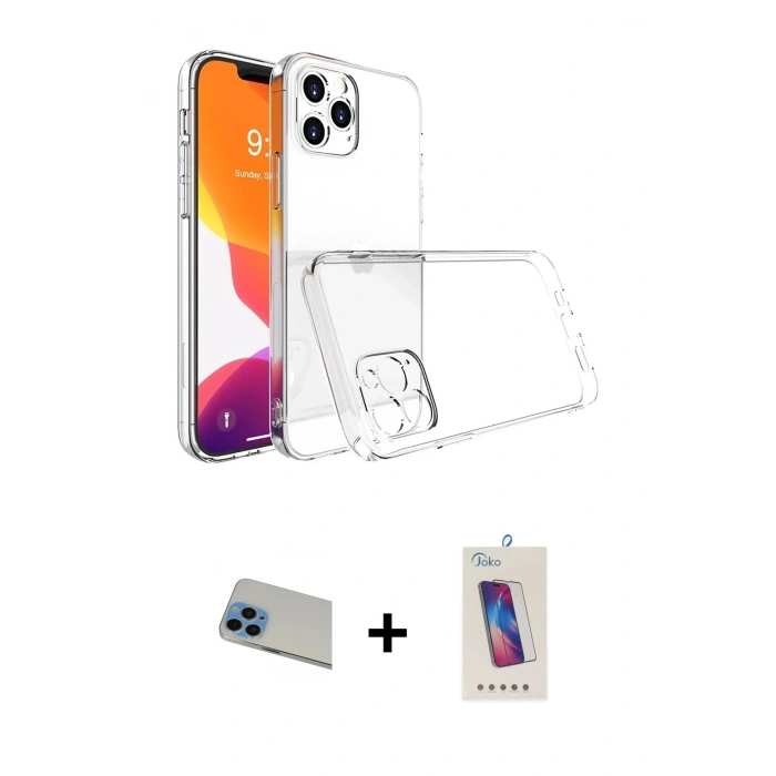 MARSİLYAN™- iPhone 13 Pro Max Kılıf Zirve Doku - Siyah Joko 5D Cam + Rainbow Kamera Lens Koruma Cam - MI