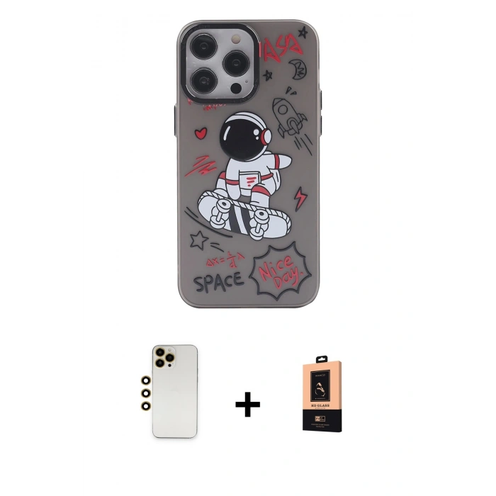 MARSİLYAN™- iPhone 13 Pro Max Kılıf Zirve Form Özel Seri - Şeffaf Maxco Cam Ekran Koruyucu + Gold Shine Kamera Lens