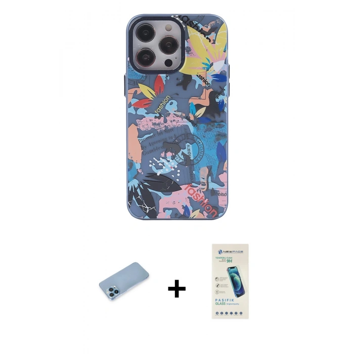 MARSİLYAN™- iPhone 13 Pro Max Kılıf Zirve Form Özel Seri - Şeffaf Pasifik Cam Ekran Koruyucu + Mavi Shine Kamera Lens Koruma Cam