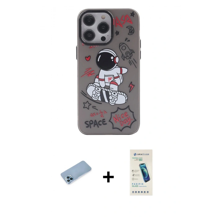 MARSİLYAN™- iPhone 13 Pro Max Kılıf Zirve Form Özel Seri - Şeffaf Pasifik Cam Ekran Koruyucu + Mavi Shine Kamera Lens Koruma Cam