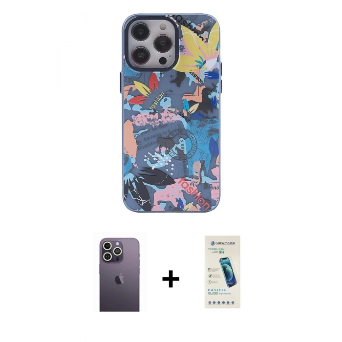 MARSİLYAN™- iPhone 13 Pro Max Kılıf Zirve Form Özel Seri - Şeffaf Pasifik Cam Ekran Koruyucu + Neon Fosforlu Kamera Lens - BZ