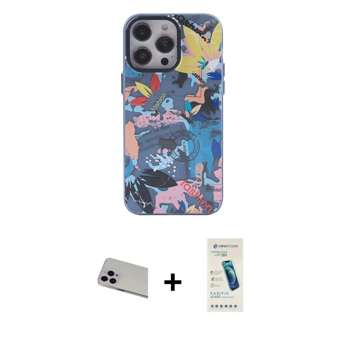 MARSİLYAN™- iPhone 13 Pro Max Kılıf Zirve Form Özel Seri - Şeffaf Pasifik Cam Ekran Koruyucu + Rainbow Kamera Lens Koruma Cam - MR