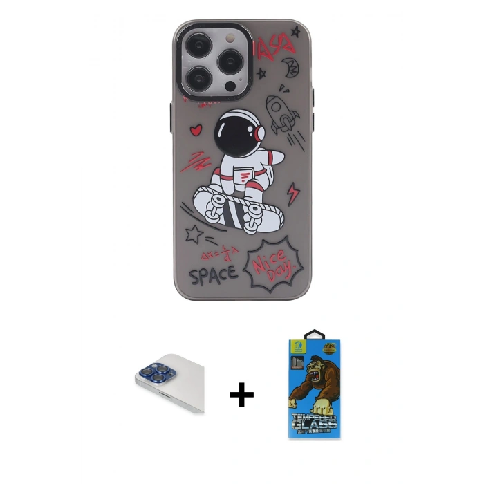 MARSİLYAN™- iPhone 13 Pro Max Kılıf Zirve Form Özel Seri - Siyah 18D Cam Ekran Koruyucu + Lacivert Pers Alüminyum Kamera Lens