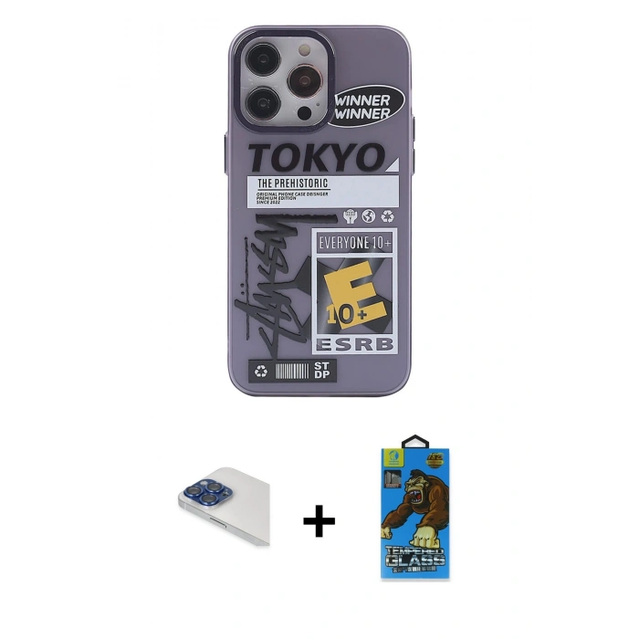 MARSİLYAN™- iPhone 13 Pro Max Kılıf Zirve Form Özel Seri - Siyah 18D Cam Ekran Koruyucu + Lacivert Pers Alüminyum Kamera Lens