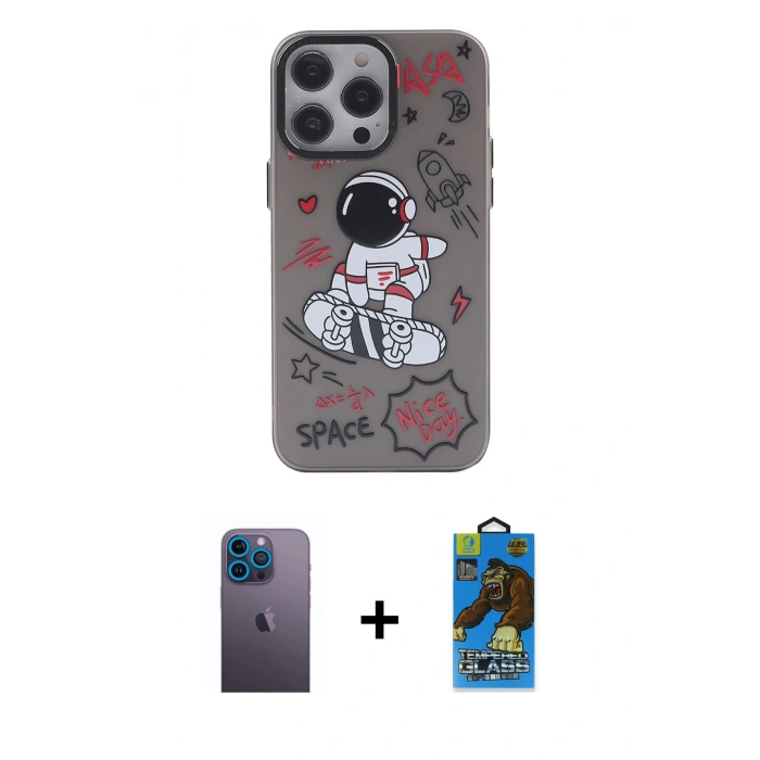 MARSİLYAN™- iPhone 13 Pro Max Kılıf Zirve Form Özel Seri - Siyah 18D Cam Ekran Koruyucu + Neon Fosforlu Kamera Lens - MI