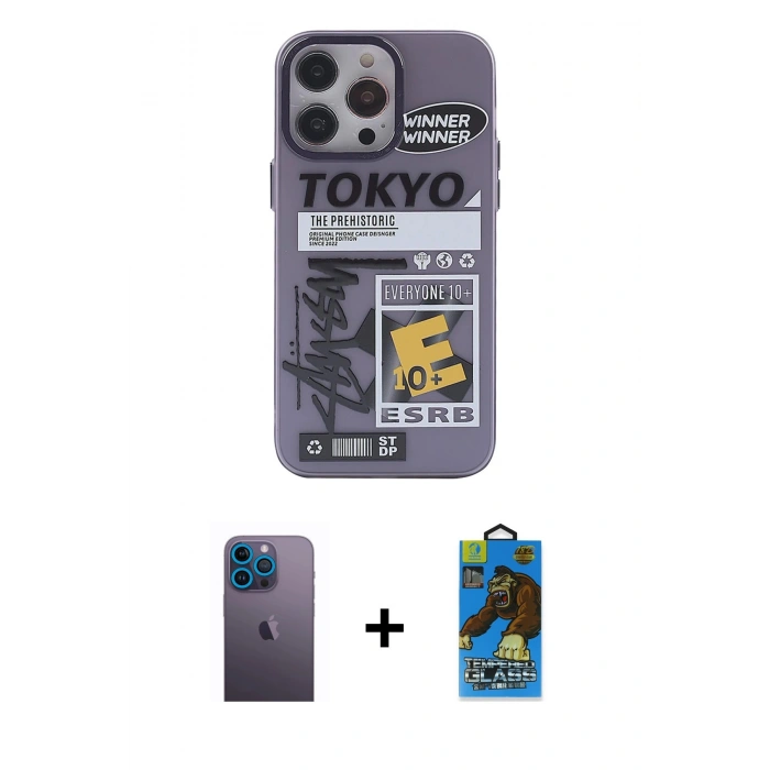 MARSİLYAN™- iPhone 13 Pro Max Kılıf Zirve Form Özel Seri - Siyah 18D Cam Ekran Koruyucu + Neon Fosforlu Kamera Lens - MI