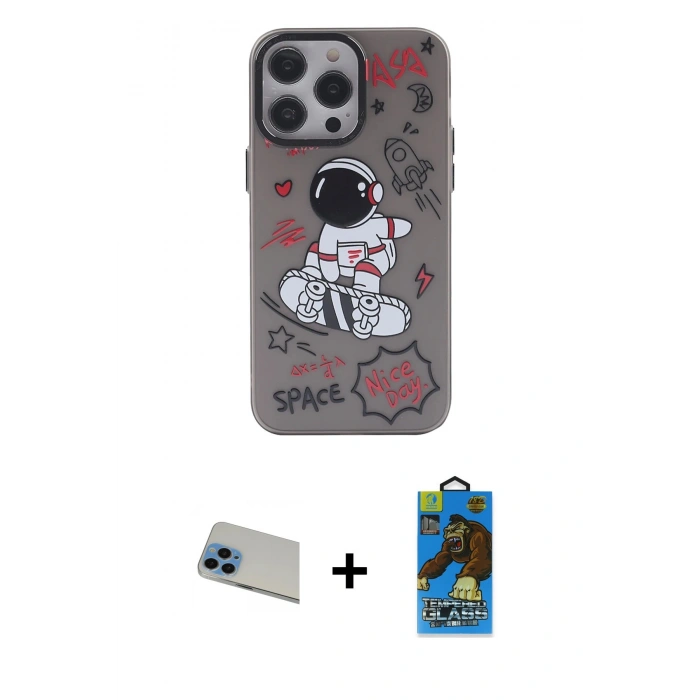 MARSİLYAN™- iPhone 13 Pro Max Kılıf Zirve Form Özel Seri - Siyah 18D Cam Ekran Koruyucu + Mavi Rainbow Kamera Lens Koruma Cam