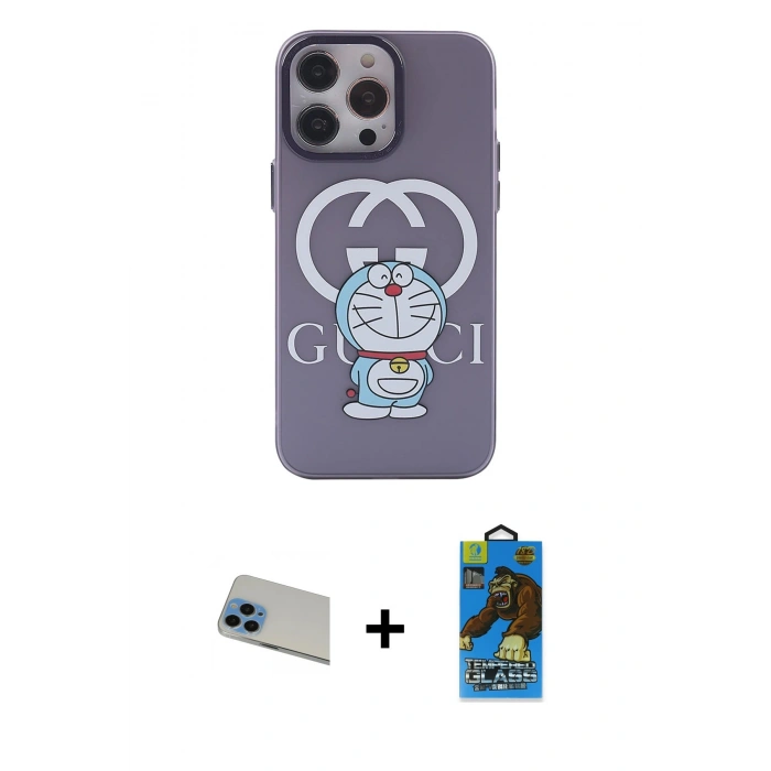 MARSİLYAN™- iPhone 13 Pro Max Kılıf Zirve Form Özel Seri - Siyah 18D Cam Ekran Koruyucu + Mavi Rainbow Kamera Lens Koruma Cam