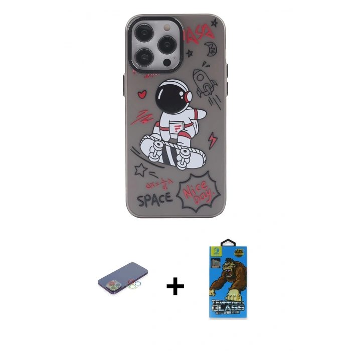 MARSİLYAN™- iPhone 13 Pro Max Kılıf Zirve Form Özel Seri - Siyah 18D Cam Ekran Koruyucu + Mavi Renkli Kamera Lens Koruma Cam