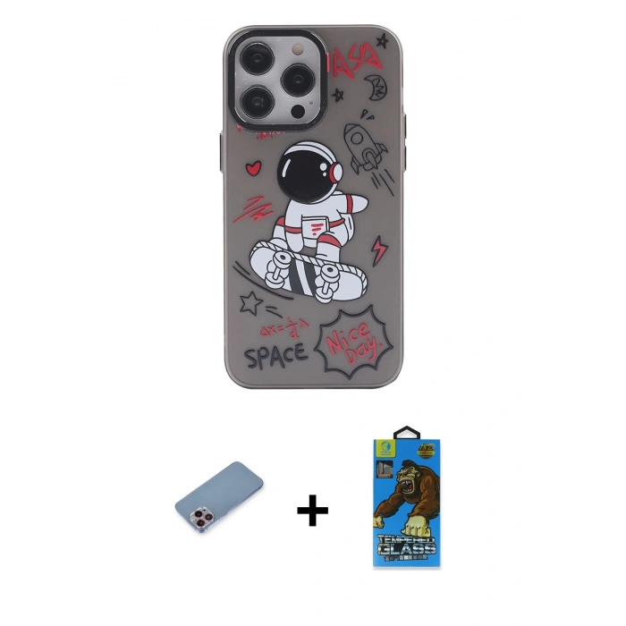 MARSİLYAN™- iPhone 13 Pro Max Kılıf Zirve Form Özel Seri - Siyah 18D Cam Ekran Koruyucu + Pembe Shine Kamera Lens Koruma Cam