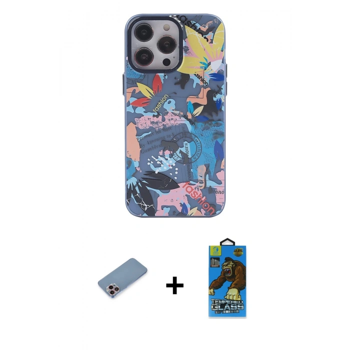 MARSİLYAN™- iPhone 13 Pro Max Kılıf Zirve Form Özel Seri - Siyah 18D Cam Ekran Koruyucu + Pembe Shine Kamera Lens Koruma Cam