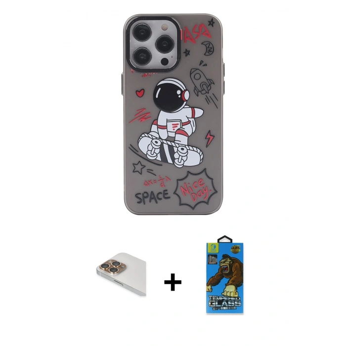MARSİLYAN™- iPhone 13 Pro Max Kılıf Zirve Form Özel Seri - Siyah 18D Cam Ekran Koruyucu + Pers Alüminyum Kamera Lens - GD