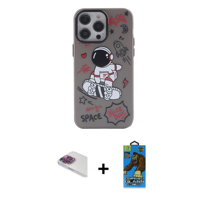 MARSİLYAN™- iPhone 13 Pro Max Kılıf Zirve Form Özel Seri - Siyah 18D Cam Ekran Koruyucu + Pers Alüminyum Kamera Lens - GI