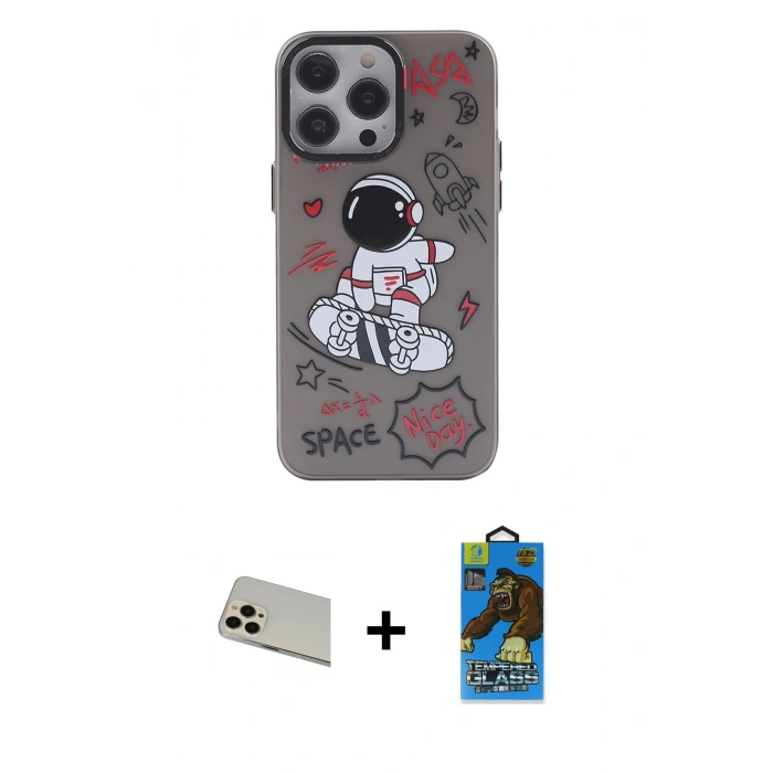 MARSİLYAN™- iPhone 13 Pro Max Kılıf Zirve Form Özel Seri - Siyah 18D Cam Ekran Koruyucu + Rainbow Kamera Lens Koruma Cam - REGD