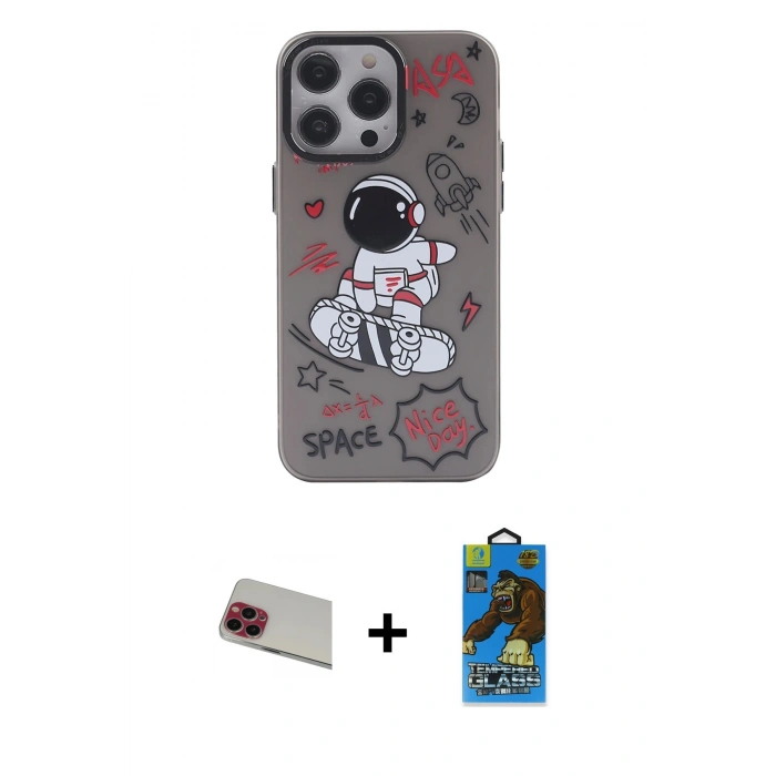 MARSİLYAN™- iPhone 13 Pro Max Kılıf Zirve Form Özel Seri - Siyah 18D Cam Ekran Koruyucu + Rainbow Kamera Lens Koruma Cam - KI