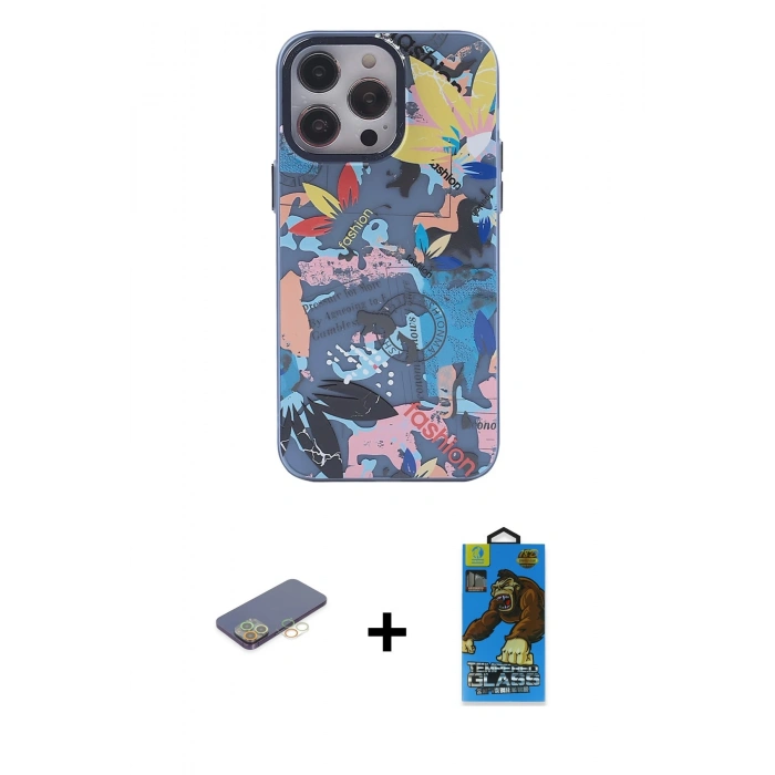 MARSİLYAN™- iPhone 13 Pro Max Kılıf Zirve Form Özel Seri - Siyah 18D Cam Ekran Koruyucu + Renkli Kamera Lens Koruma Cam - SI