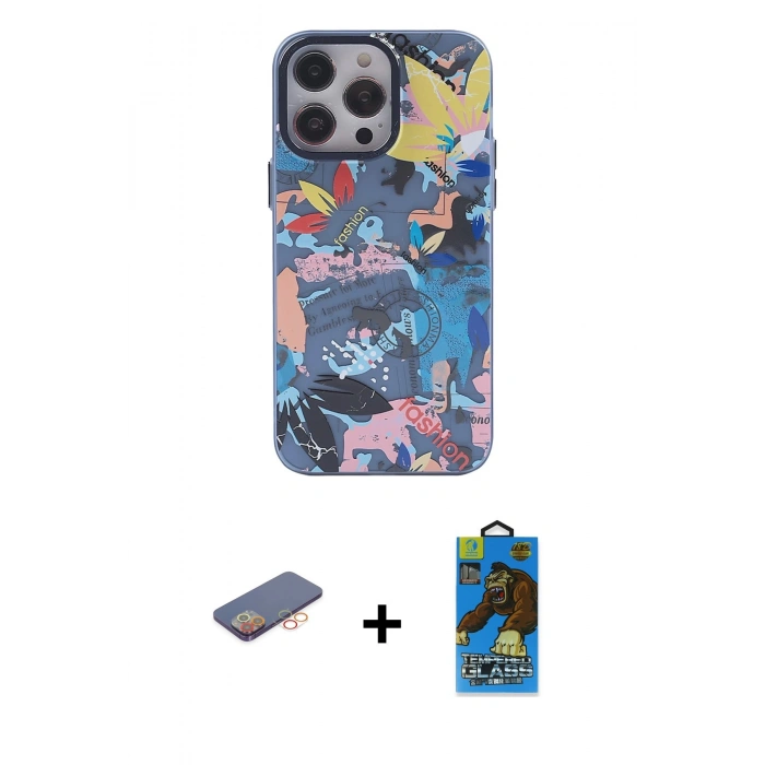 MARSİLYAN™- iPhone 13 Pro Max Kılıf Zirve Form Özel Seri - Siyah 18D Cam Ekran Koruyucu + Renkli Kamera Lens Koruma Cam - TU