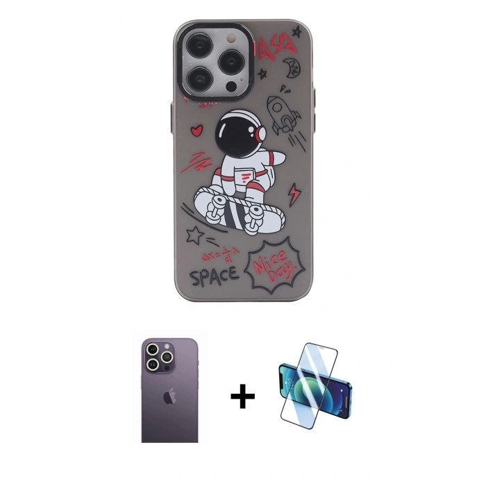 MARSİLYAN™- iPhone 13 Pro Max Kılıf Zirve Form Özel Seri - Siyah 3D Antistatik Cam Ekran Koruyucu + Neon Fosforlu Kamera Lens - BZ