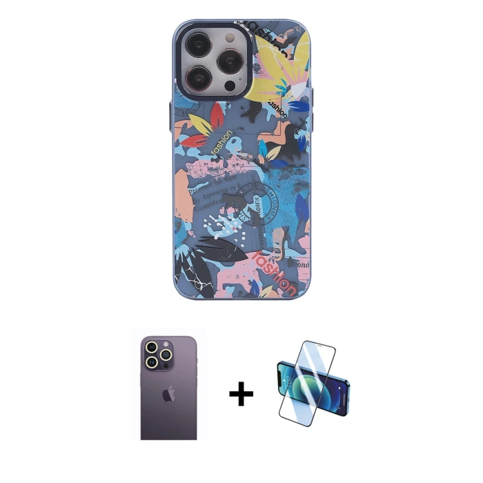 MARSİLYAN™- iPhone 13 Pro Max Kılıf Zirve Form Özel Seri - Siyah 3D Antistatik Cam Ekran Koruyucu + Neon Fosforlu Kamera Lens - BZ