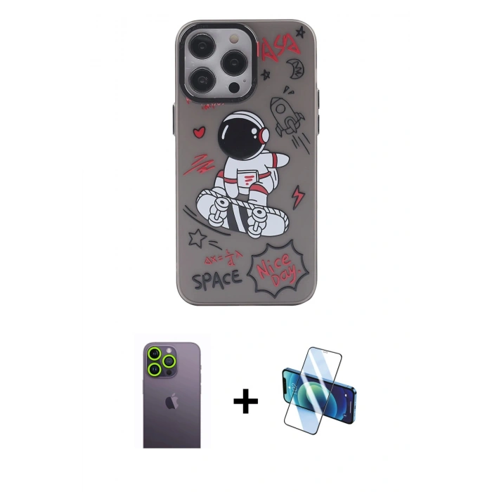 MARSİLYAN™- iPhone 13 Pro Max Kılıf Zirve Form Özel Seri - Siyah 3D Antistatik Cam Ekran Koruyucu + Neon Fosforlu Kamera Lens - YL