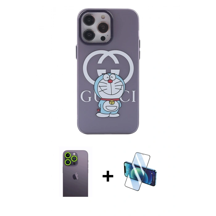MARSİLYAN™- iPhone 13 Pro Max Kılıf Zirve Form Özel Seri - Siyah 3D Antistatik Cam Ekran Koruyucu + Neon Fosforlu Kamera Lens - YL