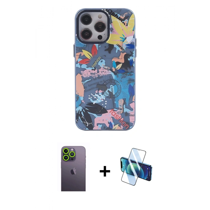 MARSİLYAN™- iPhone 13 Pro Max Kılıf Zirve Form Özel Seri - Siyah 3D Antistatik Cam Ekran Koruyucu + Neon Fosforlu Kamera Lens - YL