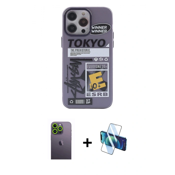MARSİLYAN™- iPhone 13 Pro Max Kılıf Zirve Form Özel Seri - Siyah 3D Antistatik Cam Ekran Koruyucu + Neon Fosforlu Kamera Lens - YL